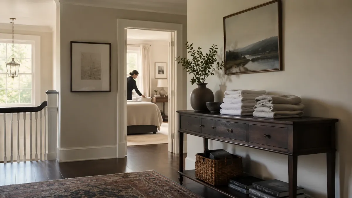 Editorial photograph of a refined private residence hallway with folded linens on a console and a softly lit bedroom beyond, suggesting live-in and live-out household arrangements.